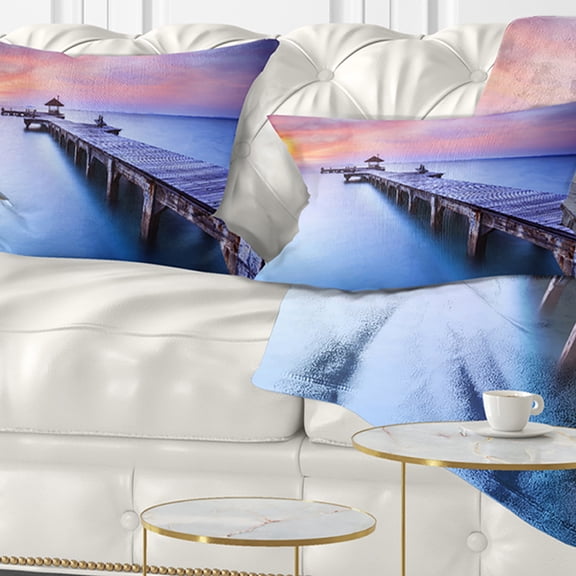 Designart Purple Seas and Long Wooden Pier - Pier Seascape Throw Pillow - 12x20