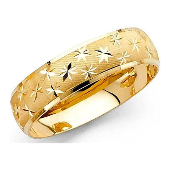 Solid 14k Yellow Gold Wedding Band Milgrain Ring Diamond Cut Star Dome Style Satin Finish 6 mm, Size 8