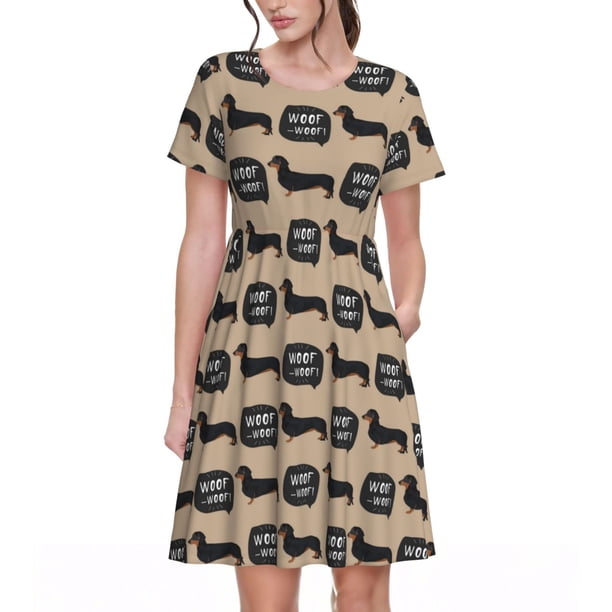 Easygdp Dachshund Dog Woof para Vestido Transpirable de Mujer, Vestido Suelto de Manga Corta con Pliegues y Bolsillos para el Verano