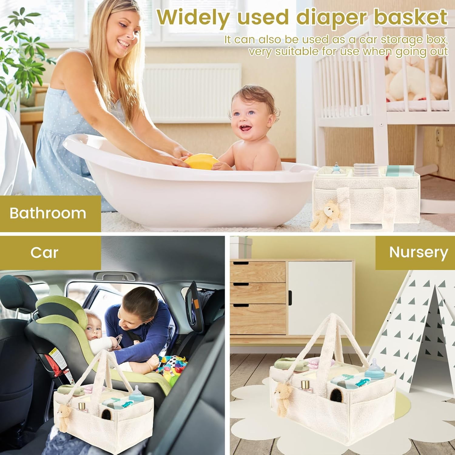 Nappy Caddy Organizer for Baby Changing Table, Portable Diaper Caddy With Removable Dividers/Handle, Newborn Essentials, Nursery Wipes Storage Bag, Gift for Mum, Baby Shower