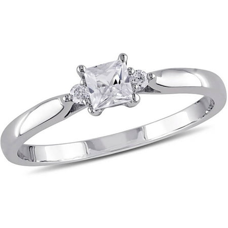 Miabella 1/3 Carat T.G.W. Created White Sapphire and Diamond-Accent 10kt White Gold Engagement Ring