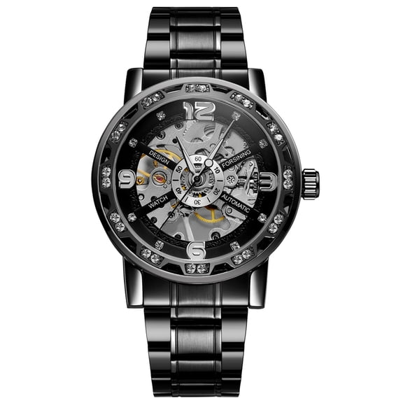 VIGOROSO Men's Luxury Mechanical Watch Transparent Diamonds Skeleton Watch Black Stainless Steel Watch Male Luminous Waterproof with Gift Box
