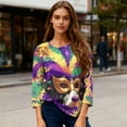 thumbnail image 5 of Mardi Gras Shirts Womens Mask Print Crew Neck Novelty Graphic Tee 3/4 Sleeve Feathers Print Party Tops Purple Pink L, 5 of 5