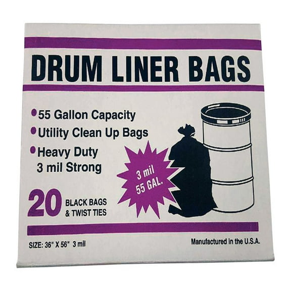 Primrose Plastics 55320 20 Ct Drum Liner Bag 36"x 56" 3Mil Black Bags On A Roll 55 Gallon