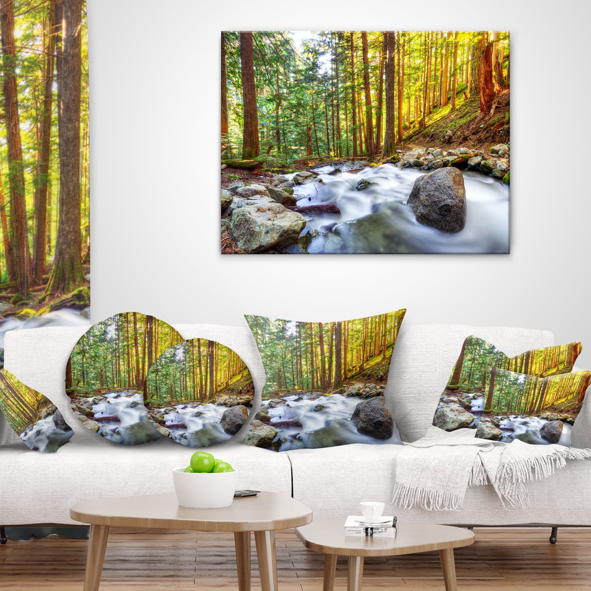 Designart Creek Flowing Through Forest - Landscape Printed Throw Pillow - 18x18