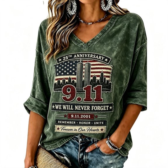 Never Forget 9/11 Shirt for Women 25th Anniversary USA Tee Patriotic American Flag Twin Towers Memorial Graphic Top Casual Army Green L
