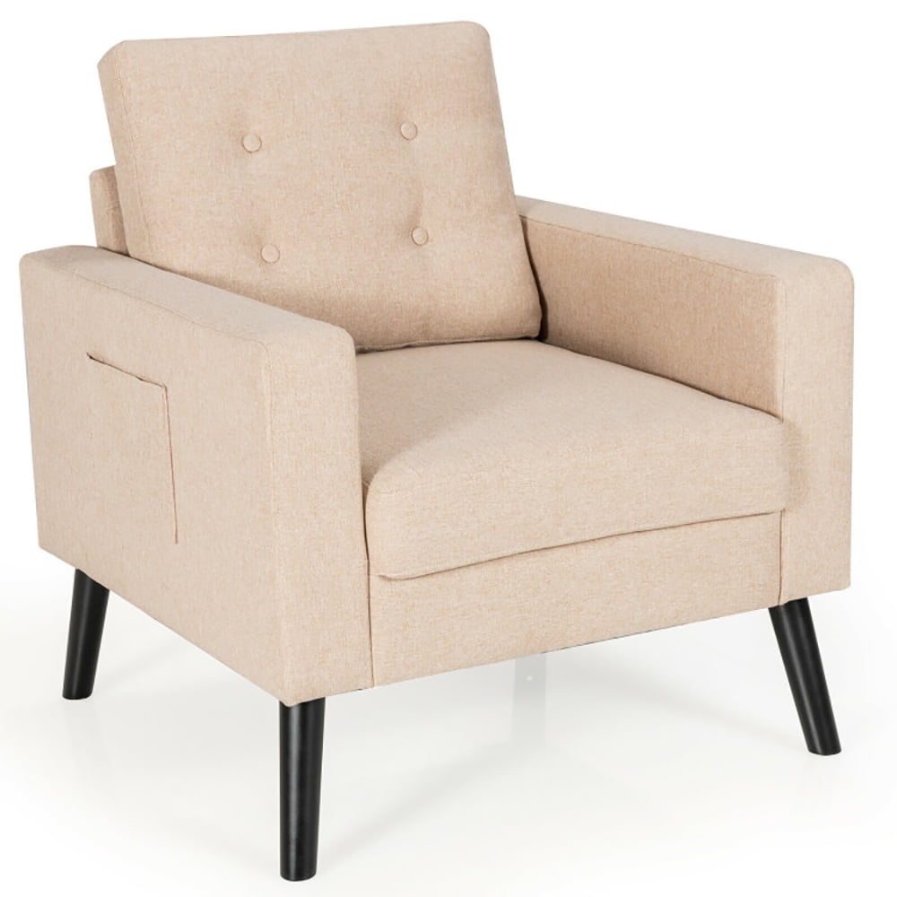 Finihen Upholstered Armchair Chair, Mid-Century Upholstered Armchair Club Chair with Rubber Wood Legs, for Living Room, Bedroom, Beige