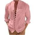 thumbnail image 3 of BiZtdJrK Mens Casual Button Down Shirts Lightweight Cotton Linen Long Sleeve T-Shirts Solid Color Business Banded Collar Work Tops with Pocket Pink XXXL Sale of The Day, 3 of 7
