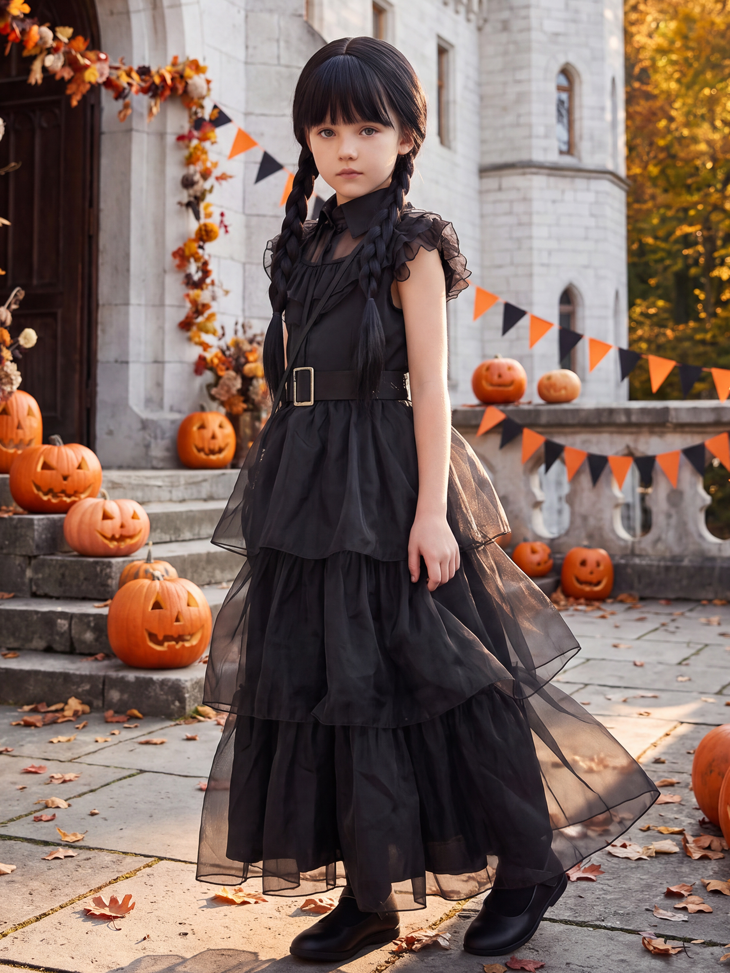 IKALI Girls Halloween Costume Fancy Dress with Wig, Black, 10-12 Yrs photo 6