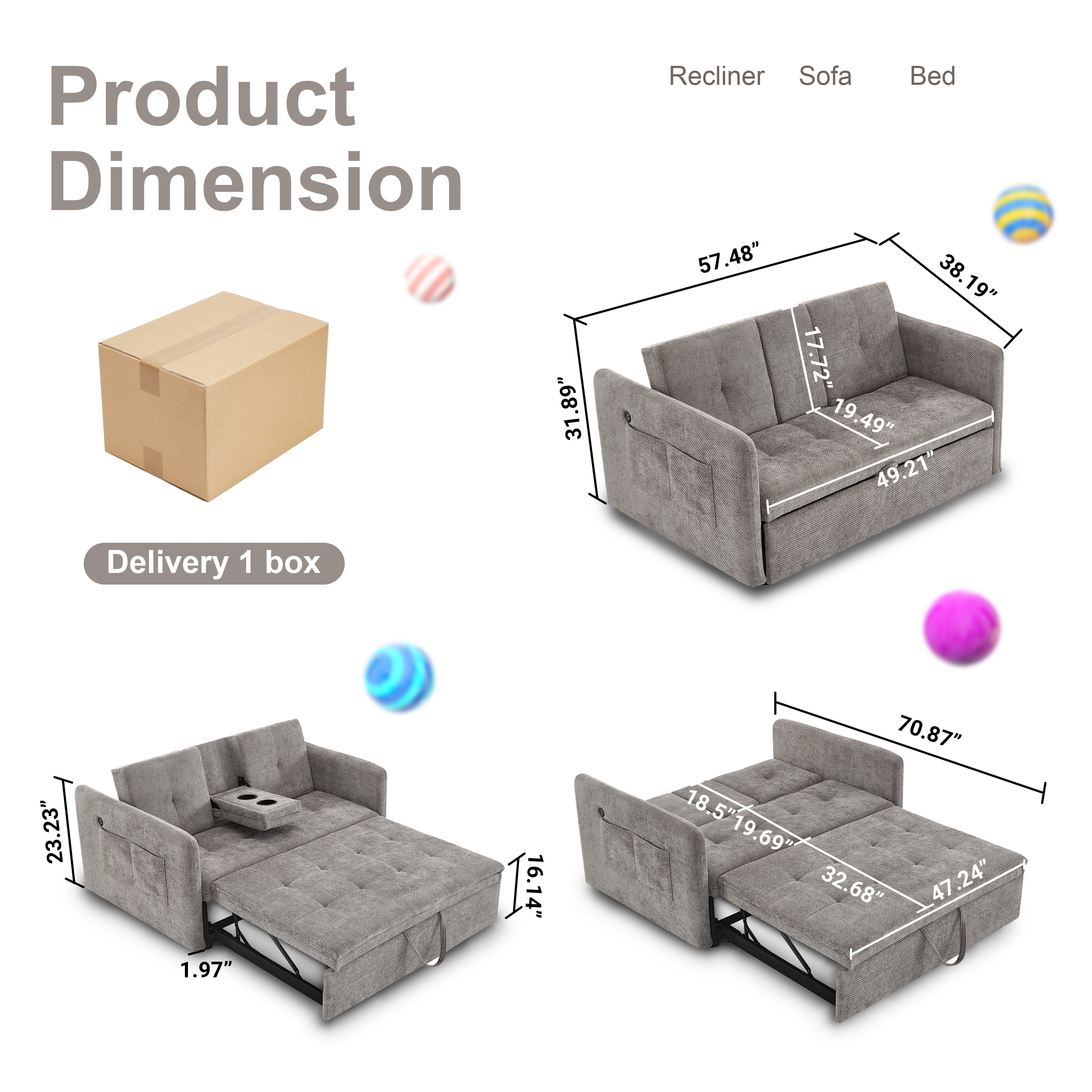 Noodeniya 57" 3 In 1 Convertible Sleeper Couch Bed with two cup holders, pull out sofa bed with USB and Side Pocket, Grey