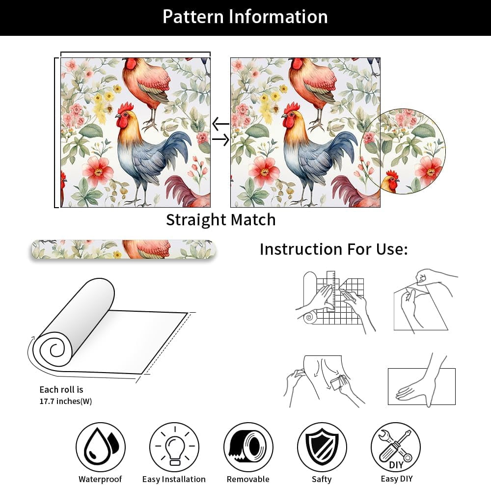 Rustic Watercolor Flowers Red Yellow Pink Rooster Farm Peel and Stick Wallpaper Contact Paper Vintage Vinyl Stick on Wall Paper for Bedroom Bathroom Kitchen Cabinet Renter Friendly