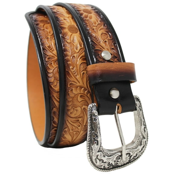 43-44  Men's 1-1/2" Wide Tan Leather Floral Tooled Casual Jean Belt 26FK21