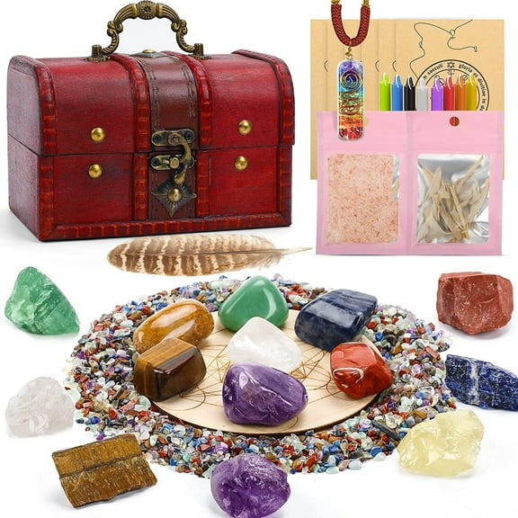 35PCS Healing Crystals Stones Set, 7 Rough & Tumbled Chakra Stones, 80g Crushed Stones,Necklace, 8 Magic Candles, 7 Paper/Sage/Feather/Salt, Wooden Grid and Box for Beginners Meditation Yoga