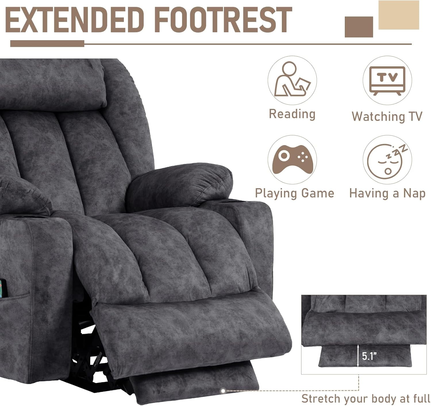 EPICOZY Large Power Lift Recliner Chair for Elderly Tall Man, Overstuffed Widen Massage Electric Recliner with Heat Vibration, Extended Footrest, Cup Holders, Side Pockets & USB Ports, Fabric Grey