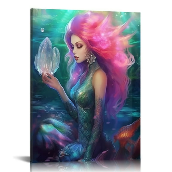COMIO Mermaid Pictures Canvas Wall-Art for Bathroom - Pink Mermaid Room Decor for Girls Bedroom - Mermaid Wall Art Size 12X16Inch
