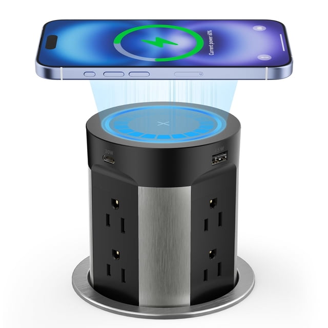 Enchufe desplegable Kungfuking para encimera de cocina con cargador inalámbrico, toma de corriente USB C de 15 W y 75 W, 8 enchufes y 4 puertos USB