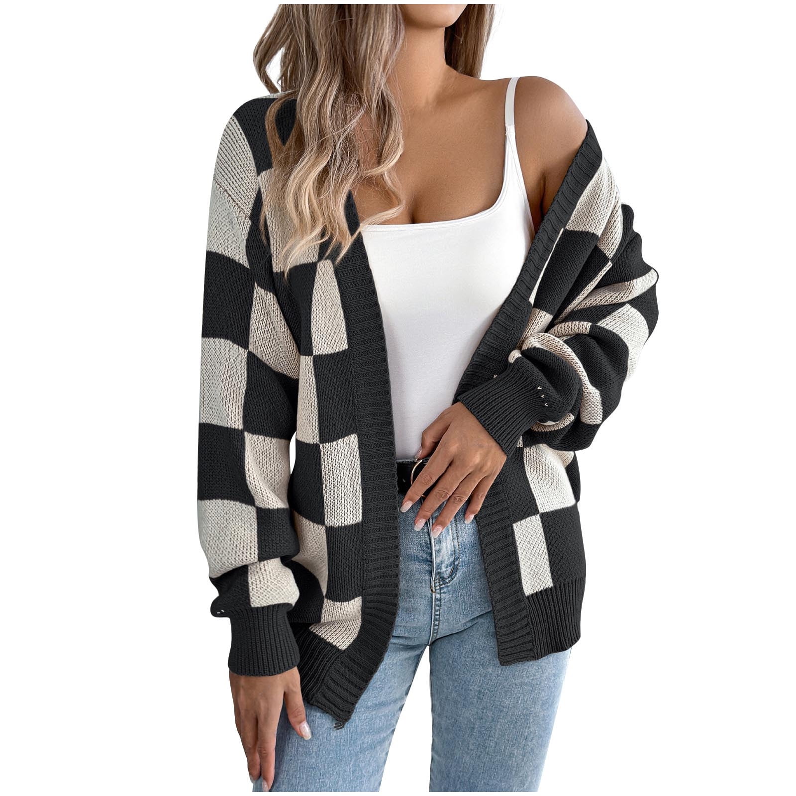 Women's Oversized Cardigan Sweater Checkered Open Front Shurg Jacket Fall Outerwear Black M - image 2