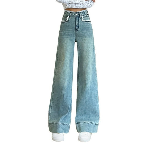 Fiaer,Wide Leg Jeans for Women High Waisted Plus Size Stretchy Straight Denim Pants Leg Boyfriend Baggy Lace Trim Jeans Trousers Light Blue XS