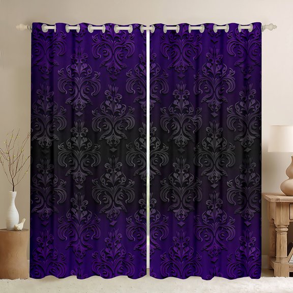 Homewish Vintage Damask Curtains Pack of 2 (42x84 Each),Retro Baroque Flower Curtains Blackout,Black Purple Bedroom Curtains For Men Women,Microfiber Bedroom Decor