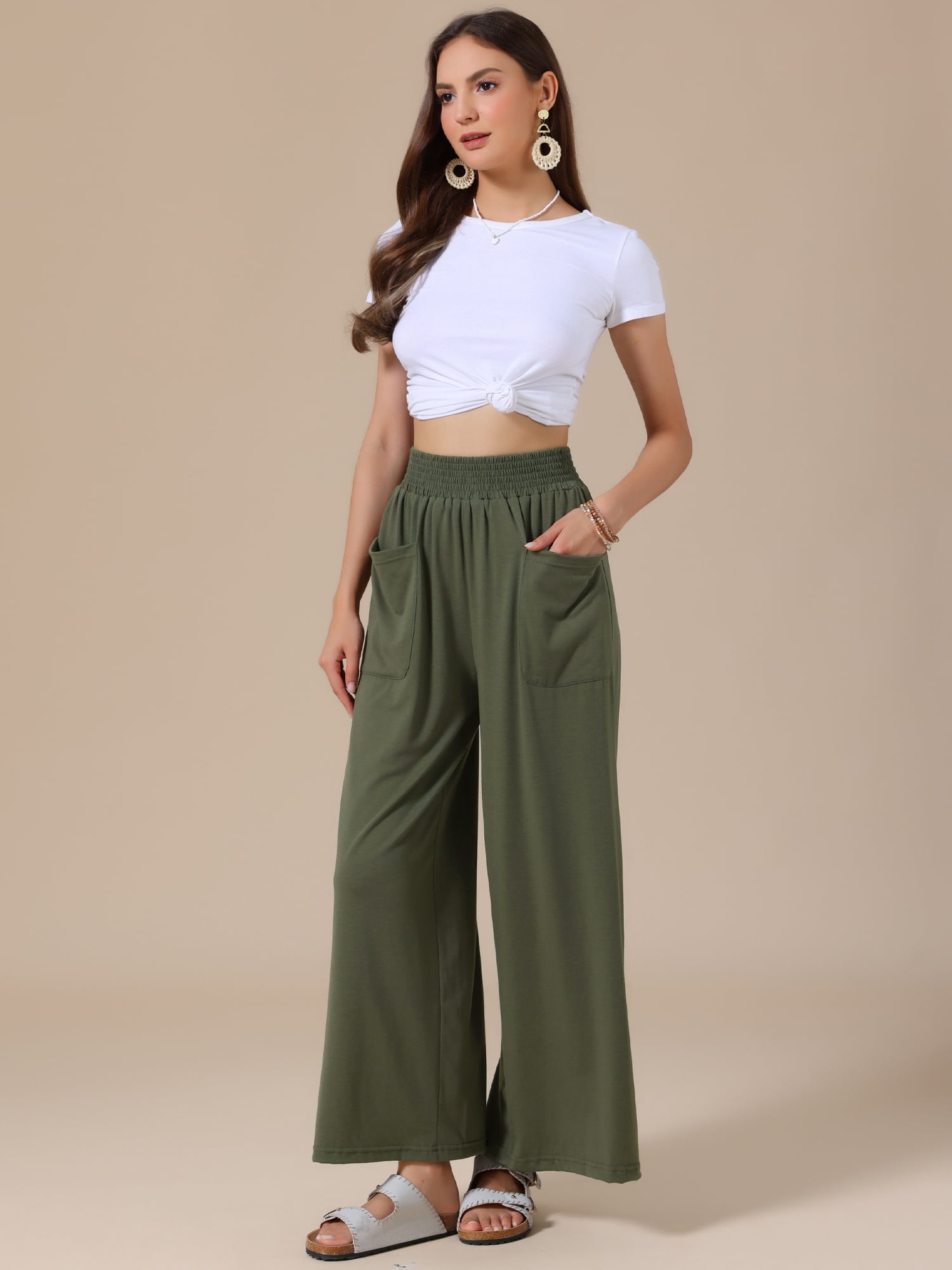 DARING DIVA Women's Wide Leg Baggy Palazzo Casual Pant Large Green