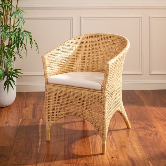 Safavieh Taina Coastal Rattan and Fabric Dining Arm Chairs, Natural/White