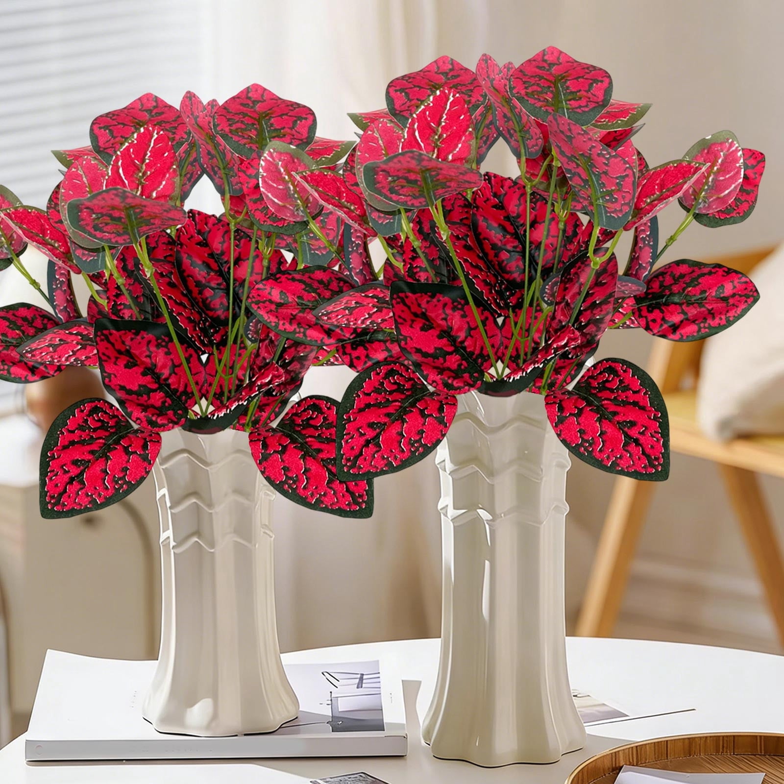 2Pcs Artificial Foliage Bush Red Yellow Green Variegated Fake Leaves Sprigs Plastic Faux Greenery for Home Kitchen Office Wedding Party Garden Decor,Red