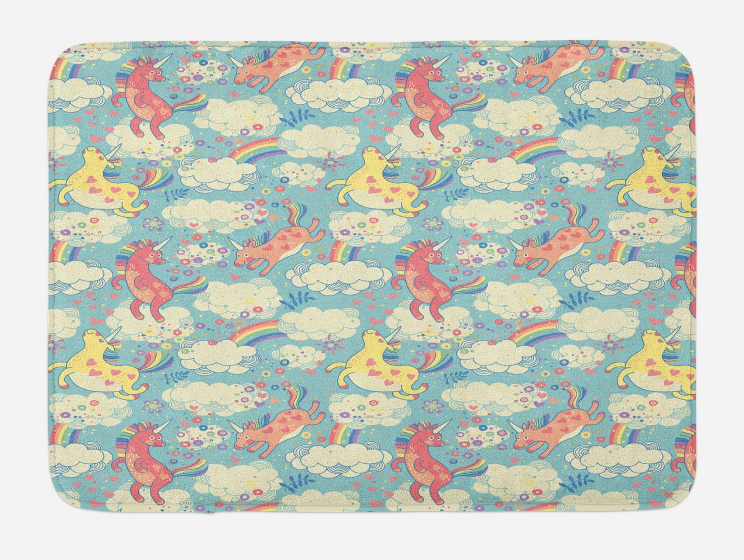 Pastel Bath Mat, Rainbow Unicorns Flying in Sky with Clouds Children ...