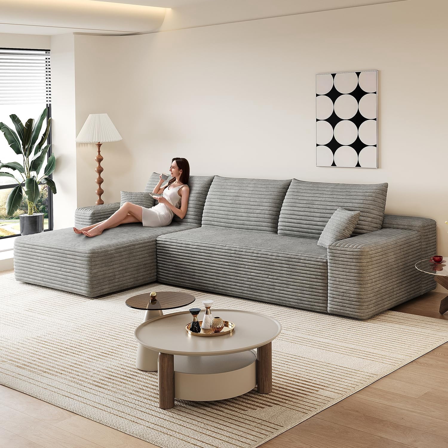 Sailvan 107" Cloud Sectional Couch, Cloudy Sofa with L-Shape Chaise, Upholstered Couches for Living Room & Bedroom, No Assembly Required, Plush Corduroy Fabric, Gray
