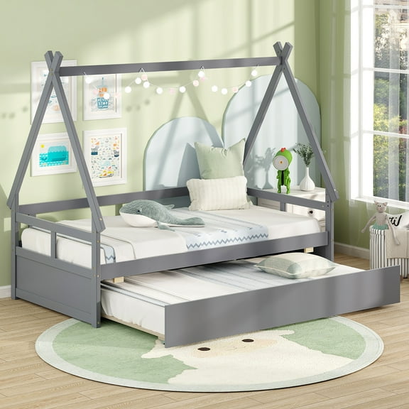 Gymax Twin Size House Bed w/ Trundle Roof & Safety Guardrail Wood Slat Support Gray