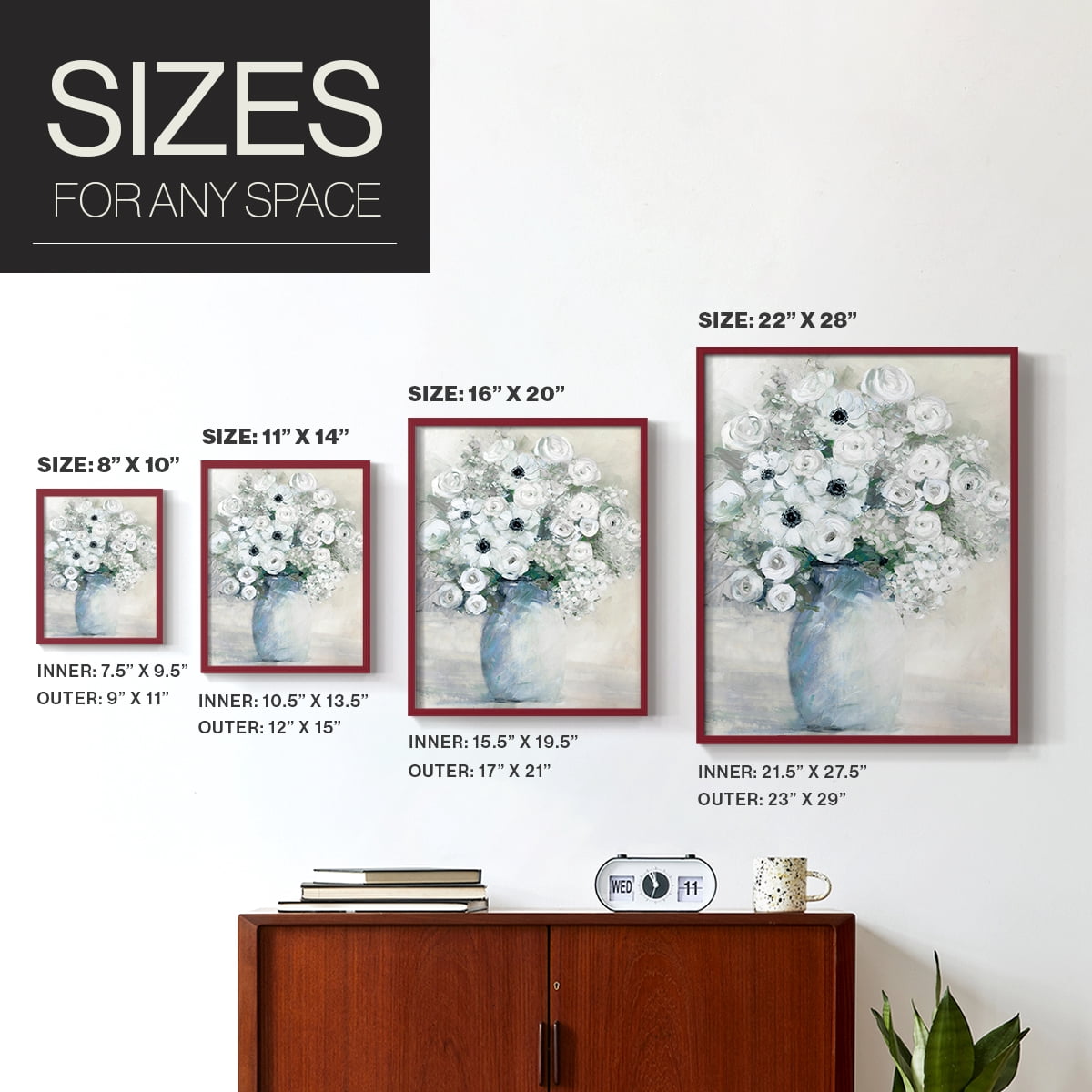 White Anemone Bouquet Framed Print in Red Solid Wood 8 x 10 Framed Print