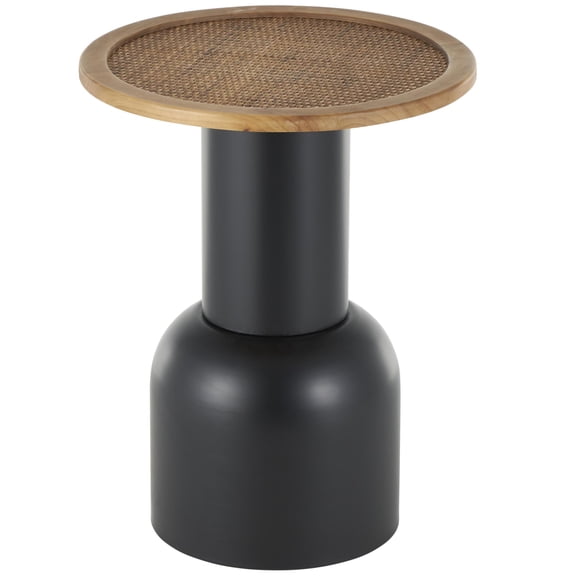 DecMode 16" x 20" Black Metal Handmade Pedestal Accent Table with Brown Rattan Tabletop, 1-Piece