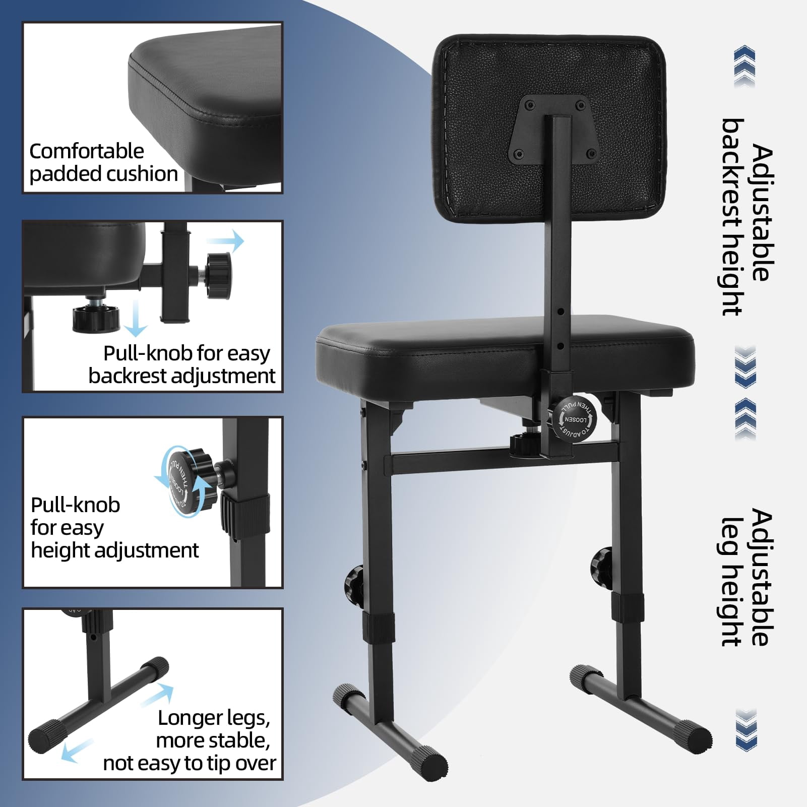 Piano Bench Adjustable Height Stool Chair With Backrest  Music Keyboard Seat For Stand Black Padded Cushion Comfortable Musicians Adult And Children