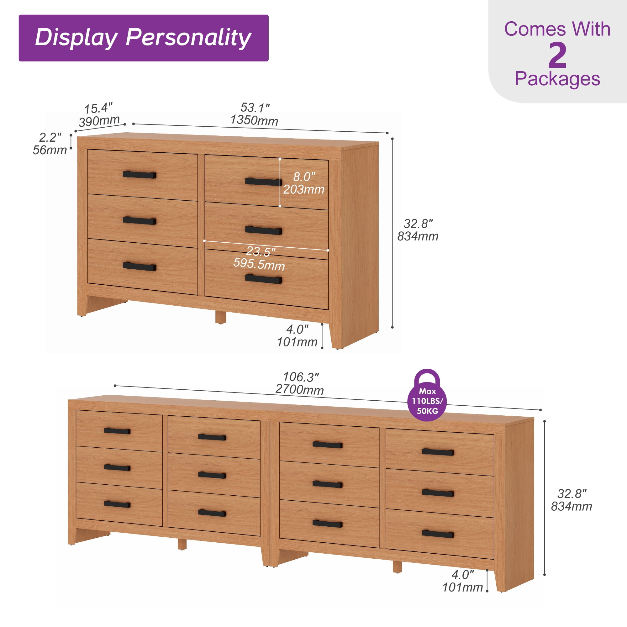 WAMPAT Farmhouse Wooden Sideboard with 12 Drawers, 106 Inch Wide Rustic Storage Sideboard Cabinet, Multi-Functional Buffet Cabinet for Living Room, Dinning Room, Beige