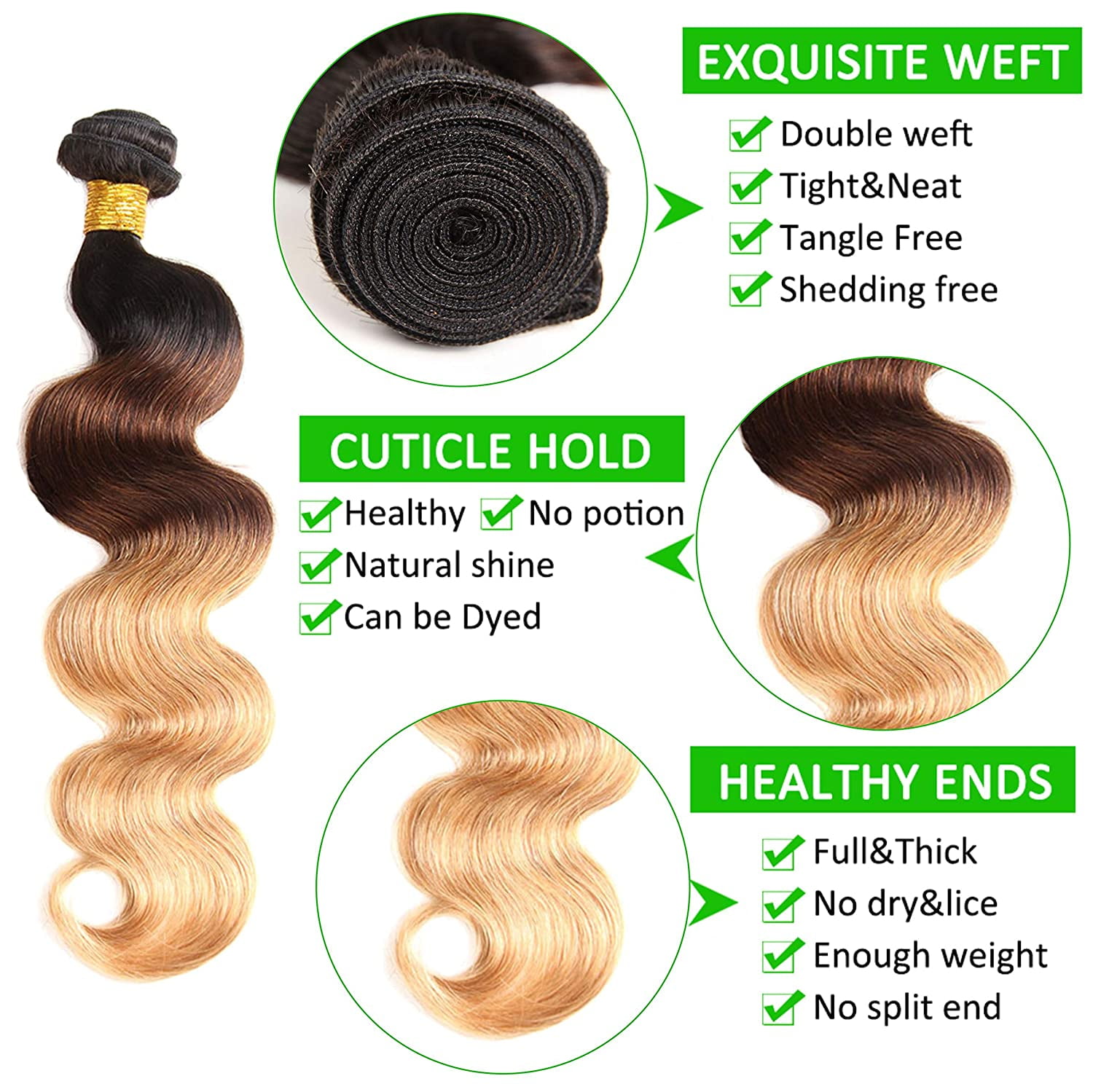 Unique Bargains Ombre Three Town#1B/4/27 Color Black Brown Blonde Brazilian 3 Bundles 100% Human Hair 10"12"14"inch