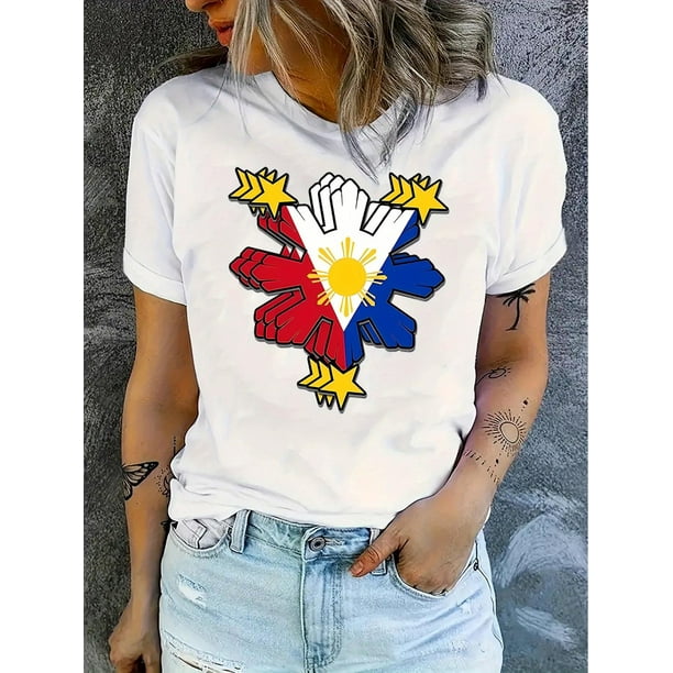 Camisetas con gráficos clásico para mujeres y adolescentes y niñas, playera de verano con estampado estéticoWomen's Patriotic Flag Print T-Shirt - Casual Crew Neck, Short Sleeve, Stretchy Polyester
