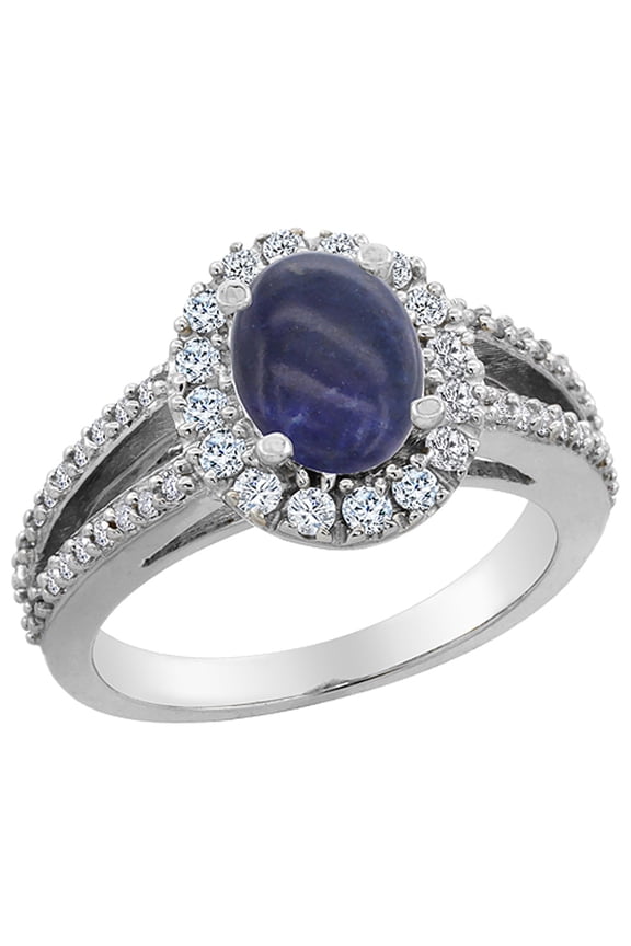 14K White Gold Natural Lapis Halo Ring Oval 8x6 mm with Diamond Accents, size 8.5