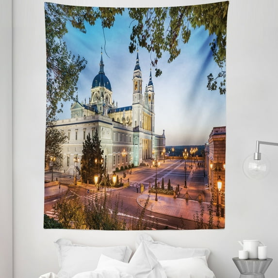 Europe Tapestry, Old and Royal Palace in Madrid Mediterrenean City Europe Urban Print, Fabric Wall Hanging Decor for Bedroom Living Room Dorm, 5 Sizes, Multicolor, by Ambesonne