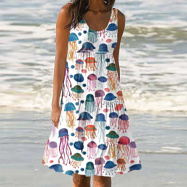 EQWLJWE Robes Maxi d'Été pour Femmes 2024 Vacances Tendance, Robes Sans Manches de Plage pour Femmes en Solde, Mode Décontractée d'Été pour Femmes Robe de Fête Décontractée Sans Manches Imprimée Ample