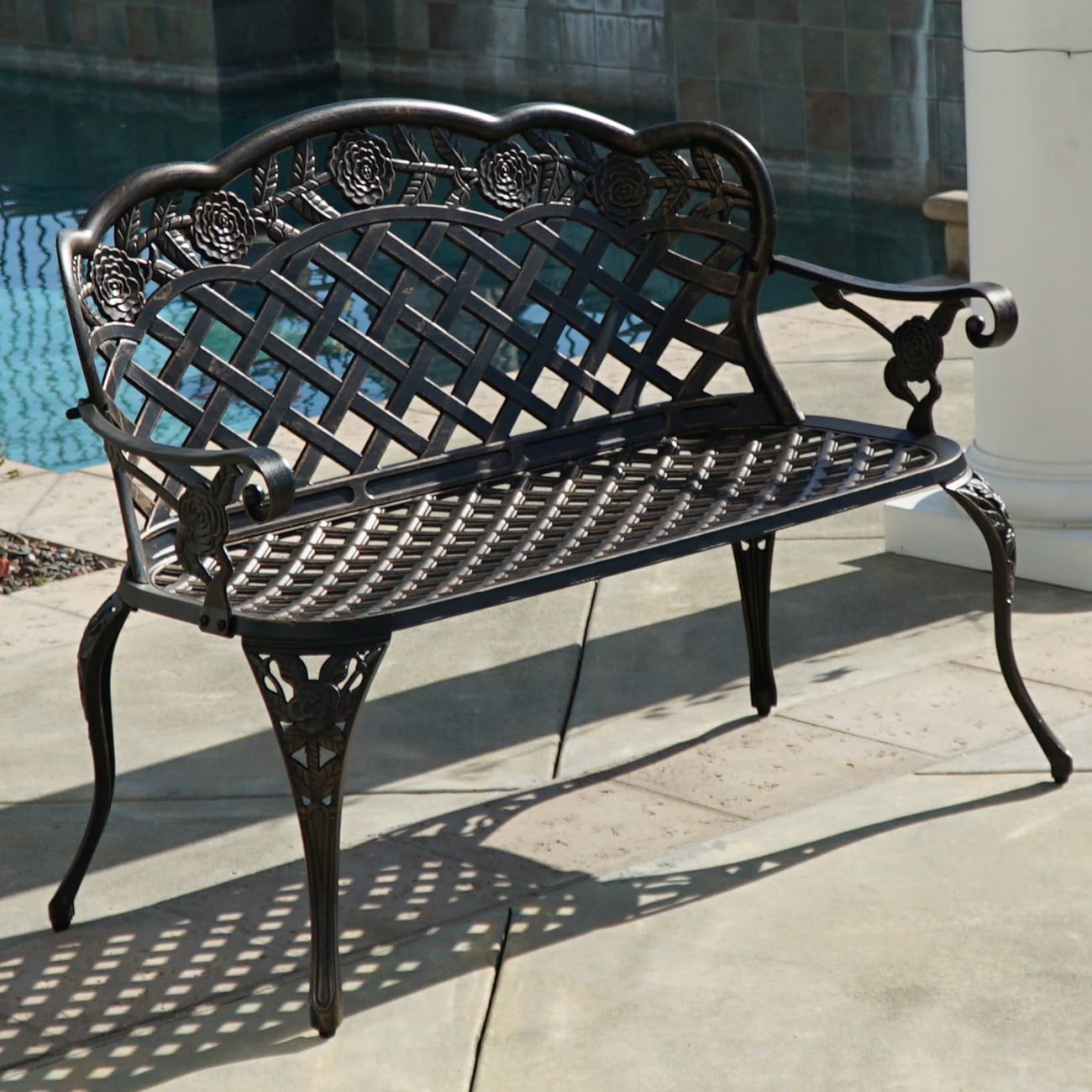 belleze outdoor aluminum cast garden bench, bronze - walmart
