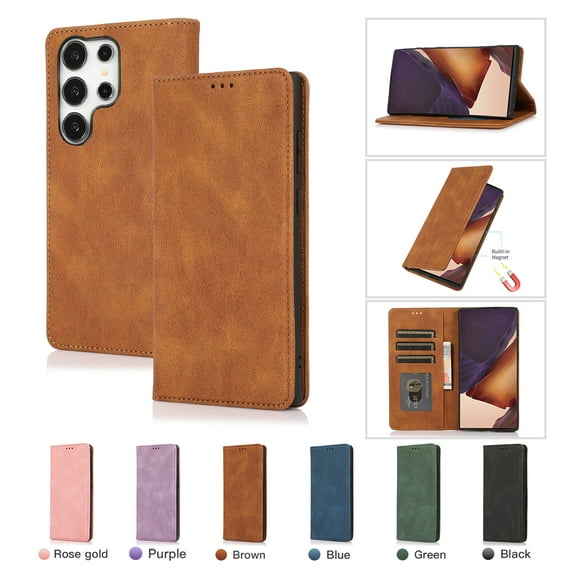 Allytech Magnetic Case for Samsung Galaxy S24 Ultra, [3 Card Slots] [1 Cash Slots] Slim PU Leather Shockproof Camera Lens Protection Kickstand Magnetic Closure Luxury Case for Women Men - Brown