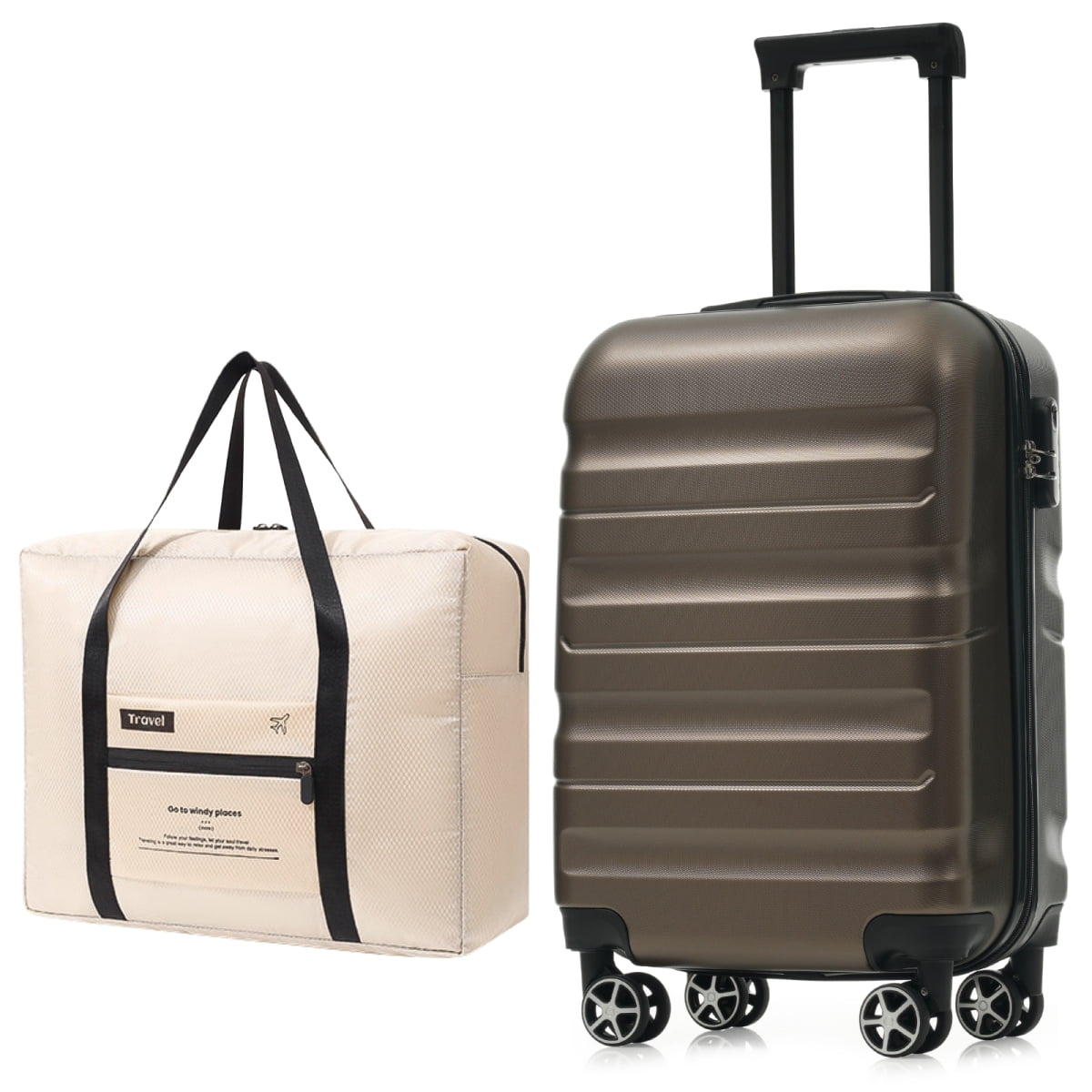 Hardshell ABS Carry-On Luggage with Spinner Wheels, Lightweight Travel Suitcase Set with Foldable Duffel Bag for Men & Women, 20Inch
