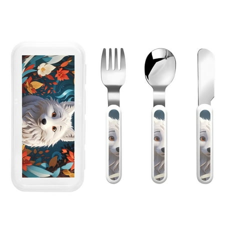 

Kdxio White Wolf With Flowers Toddler Utensils Set - Kids Silverware Set Set Kids Utensils Set with Case for Preschooler Children