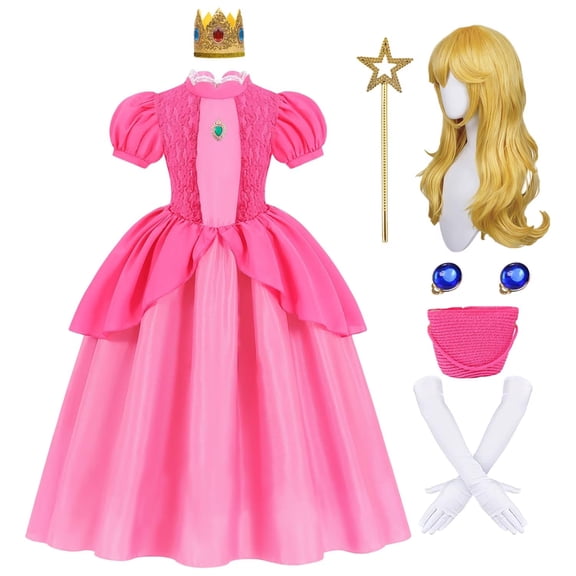 Super Brothers Princess Costume Dress Set with Crown, Wig, Wand, Gloves and Handbag for Halloween Cosplay
