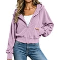 thumbnail image 5 of Ozmmyan Womens Cropped Zip Up Hoodie Ribbed Texture Drawstring Hooded Sweatshirt Jacket with Pockets Casual Fall Outerwear Streetwear Top, 5 of 6