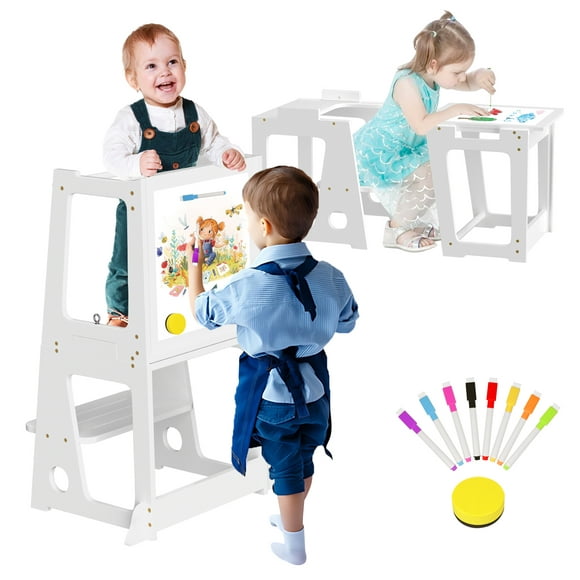 4 in 1 Kitchen Helper Toddler Step Stool, Wooden Learning Tower with Whiteboard and Safety Rail, Anti-Slip Protection, Kids Standing Tower for 1.5 to 5 Years Old, Kitchen Counter Bathroom Sink