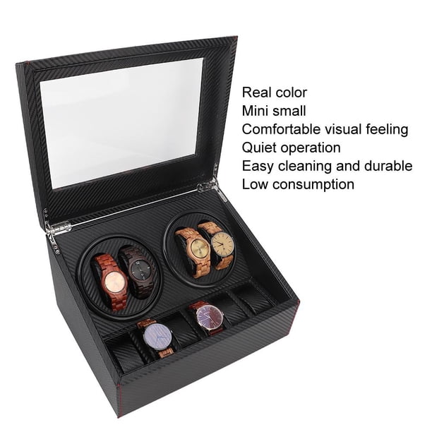 Caja De Giratorias De Relojes, Rotación Automática Watch Winder 4 + 6 Caja De Presentación De Reloj De Fibra De Carbono Acabado En Negro con Líneas Suaves Y Hermosa Tapa EOTVIA AD3434