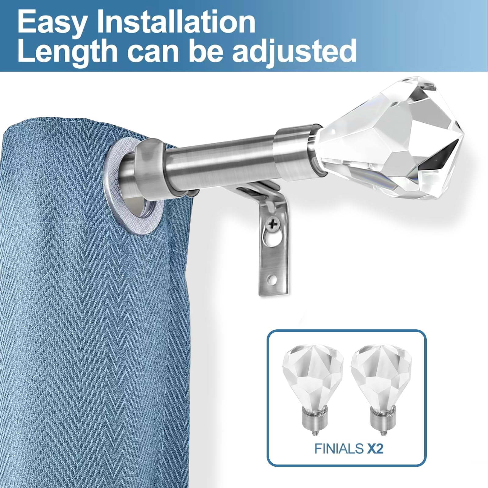 Urbanest Real Crystal Diamond-cut Elegant Designer Curtain Rod – Solid Metal Rod with Genuine Crystal Finials – 3/4" Adjustable , Heavy-Duty, Decorative, Sparkling Design, 28" to 48", Nickel