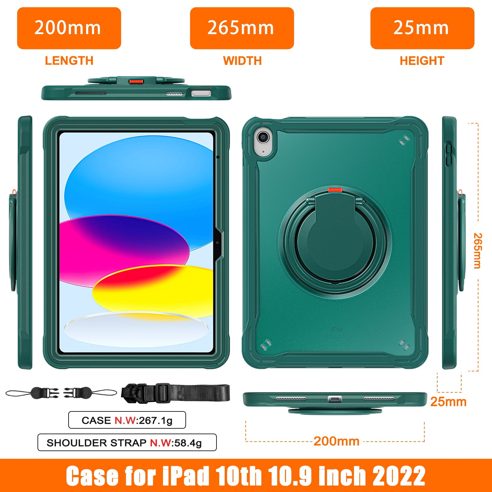 ELEHOLD Rugged Case For Apple iPad Air 13 (2024) Hybrid Shockproof Cover [360 Rotating Stand] [Hand Grip] [Pencil Holder] [Detachable Shoulder Strap] Kids Case, Darkgreen