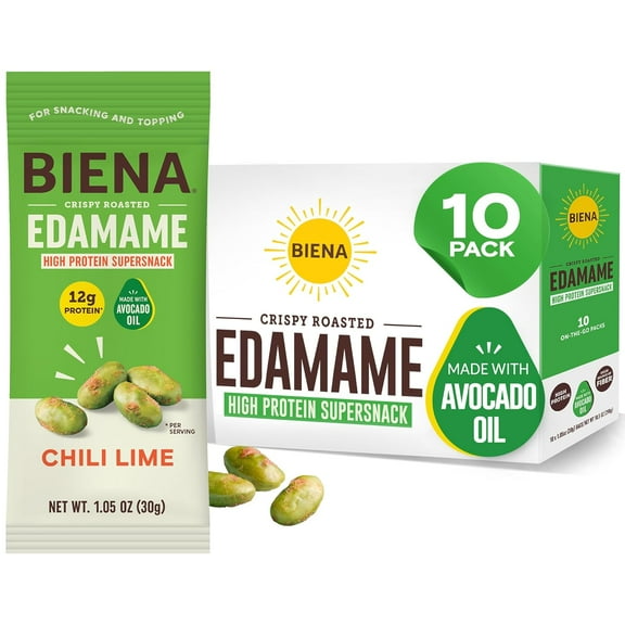 Biena Crispy Roasted Edamame Beans Snack – High Protein Low Carb Snack for Adults & Kids, 12g Protein per Serving - Made w/Avocado Oil – Vegan, Gluten-Free – 10-Pack, 1.05oz Bags, Chili Lime