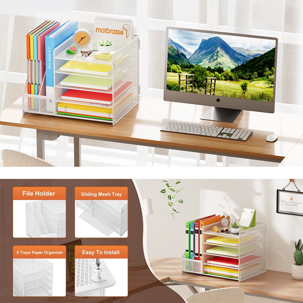 Marbrasse Desk Organizer with File Holder, 5-Tier Paper Letter Tray Organizer, Mesh Desk Organizers and Accessories with Magazine Holder, Desktop Organizer and Storage for Office Supplies (White)